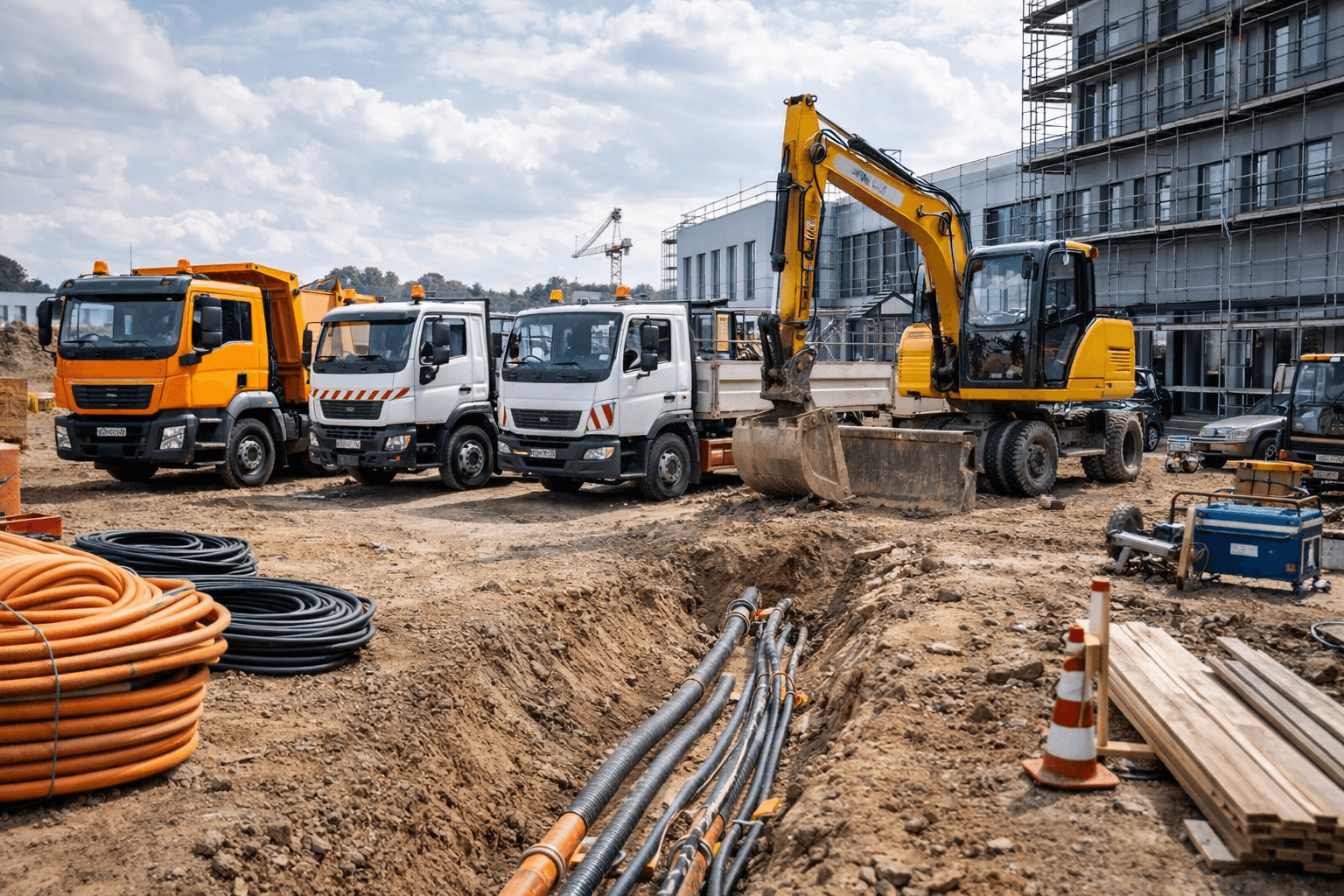 Fuhrpark und Servicefahrzeuge für die Kabelverlegung auf einer Gewerbebaustelle