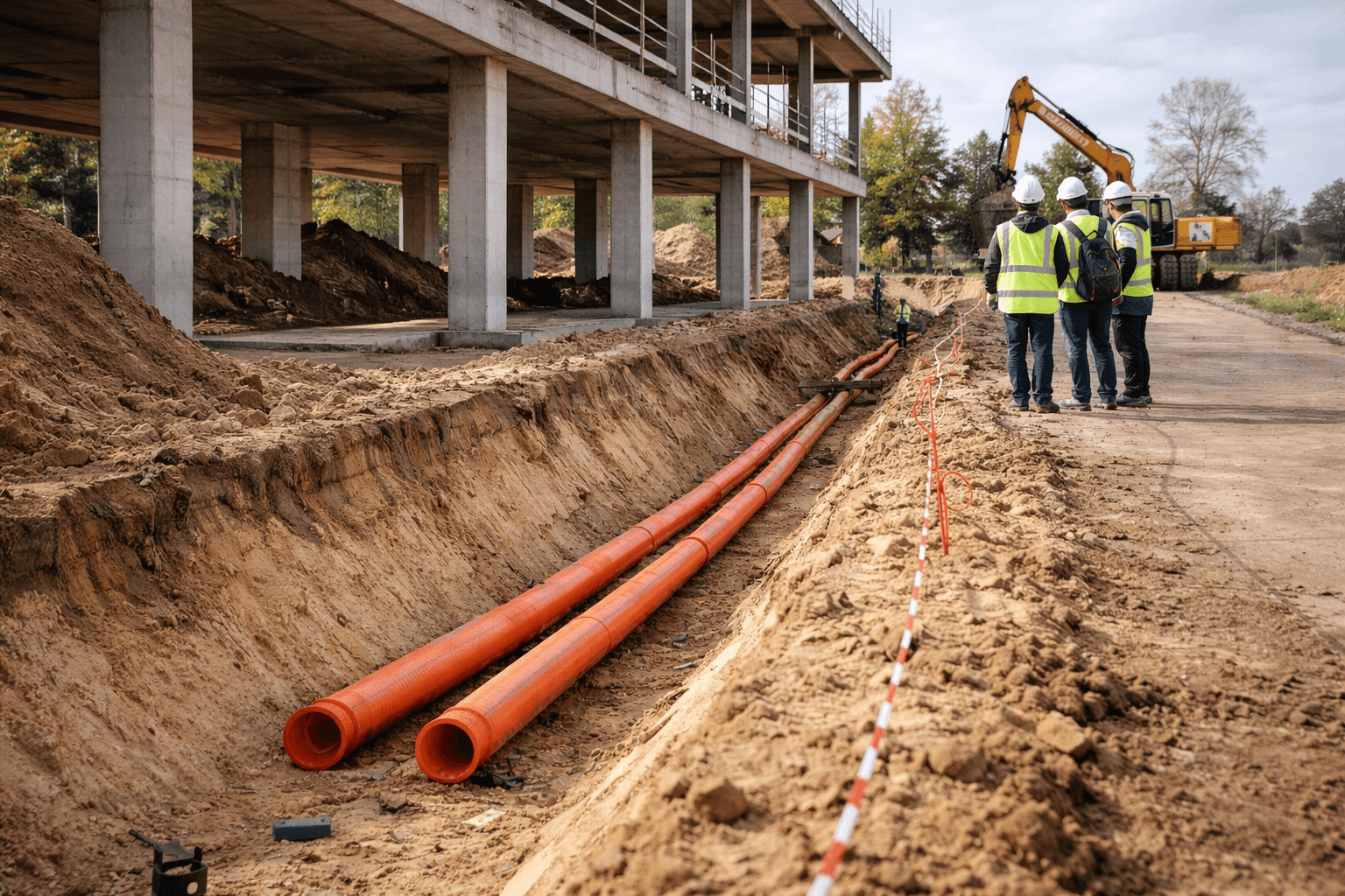 Gewerbliche Kabelverlegung auf Infrastrukturbaustelle mit Starkstromkabeln und Bagger