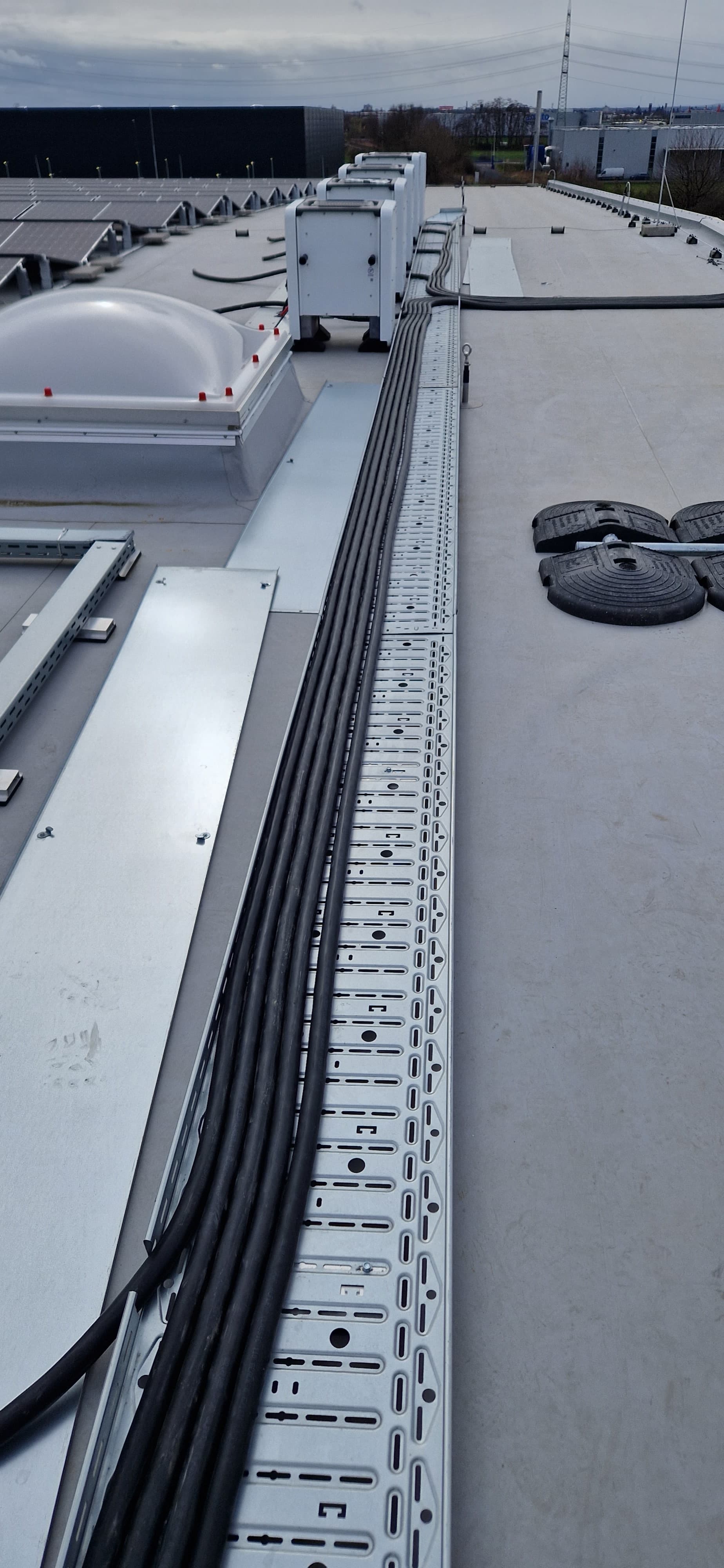 Versorgungsleitungen und Kabeltrassen unter der Decke einer Industrieanlage