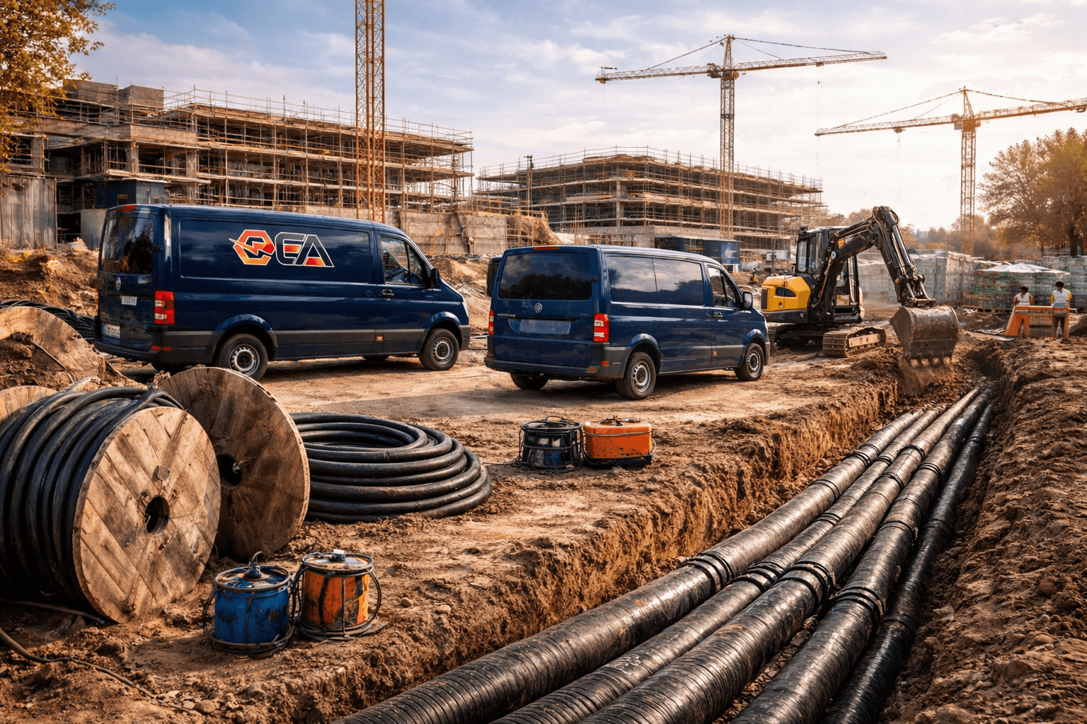 Starkstromkabel-Verlegung auf einer Baustelle im Leitungsbau